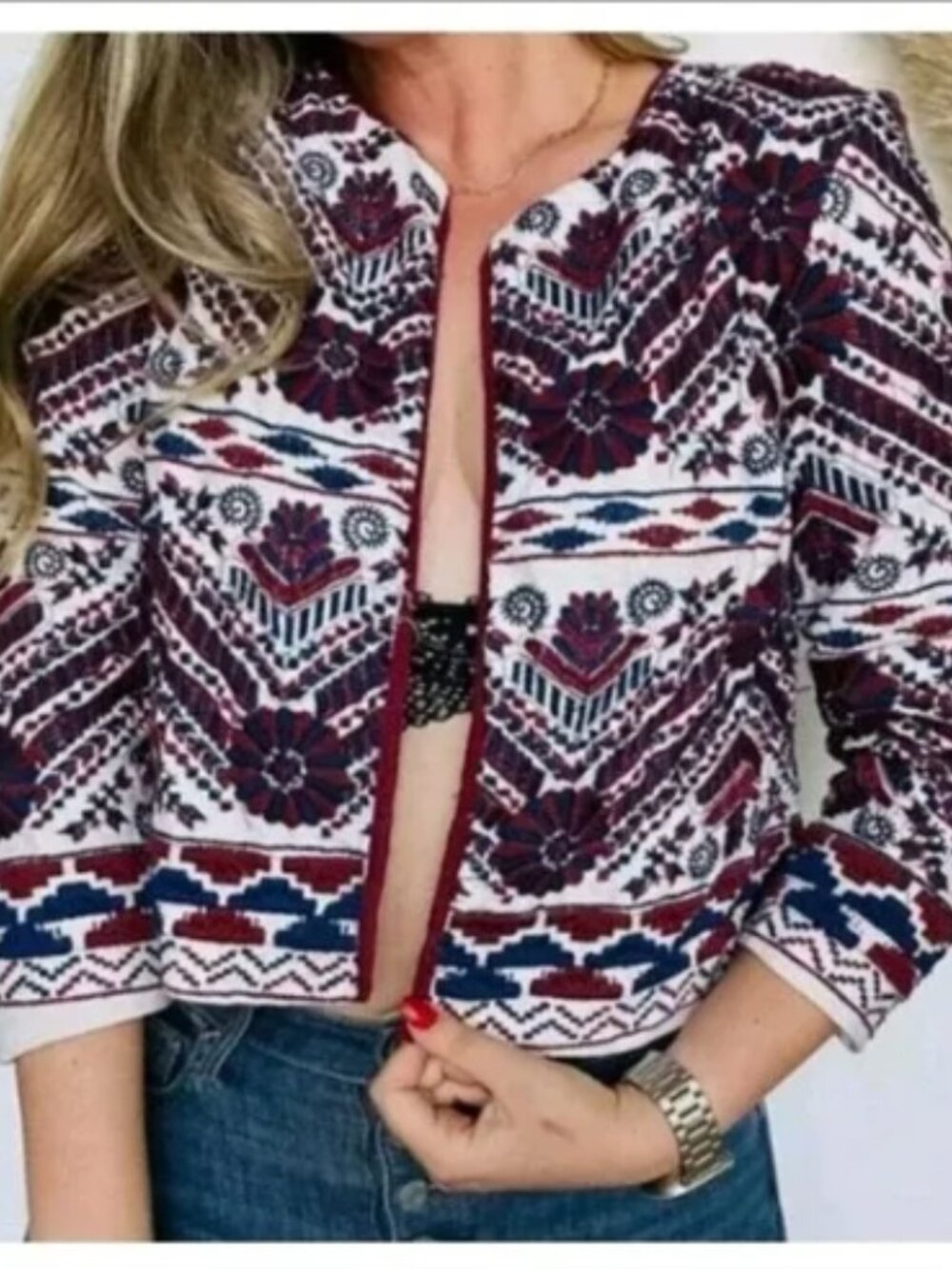 NWT Anthropologie Greenwich Embroidered Jacket in Burgundy, Navy & White